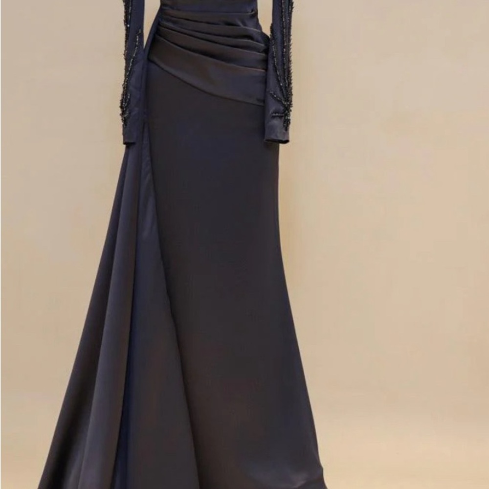 Black Long Satin Evening Gown New with tags side tail detail along skirt As is